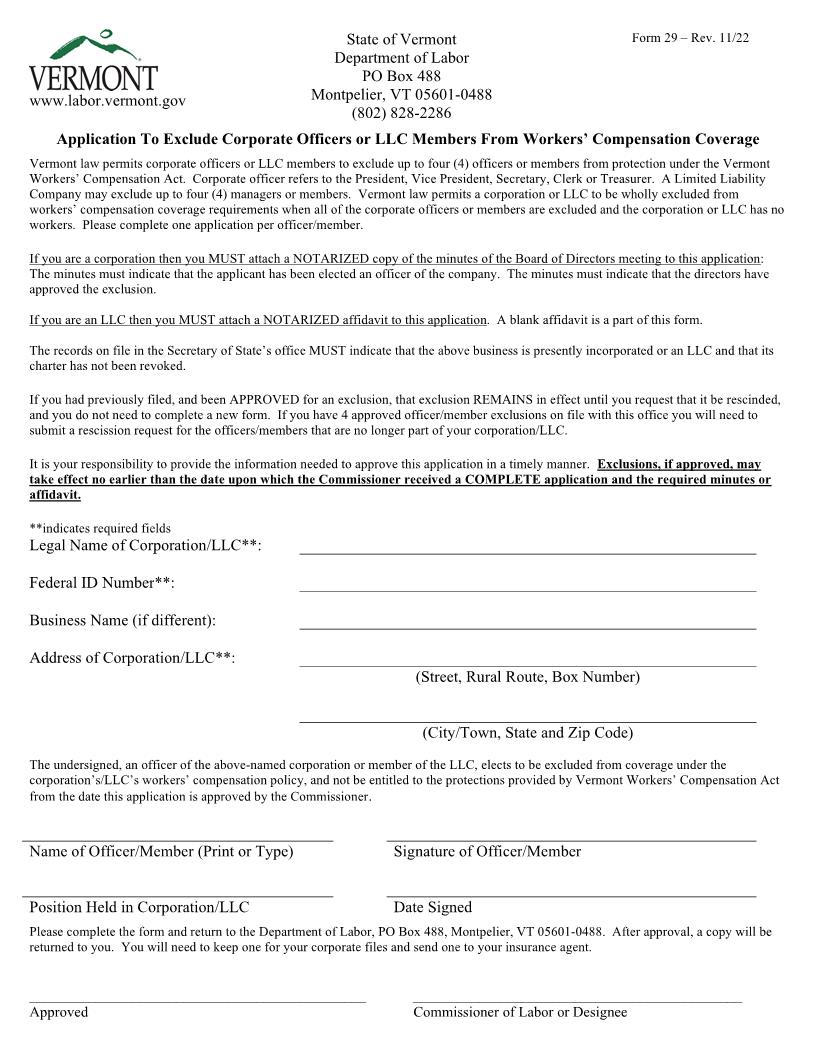 Application To Exclude Corporate Officers From Coverage {29} | Pdf Fpdf Doc Docx | Vermont