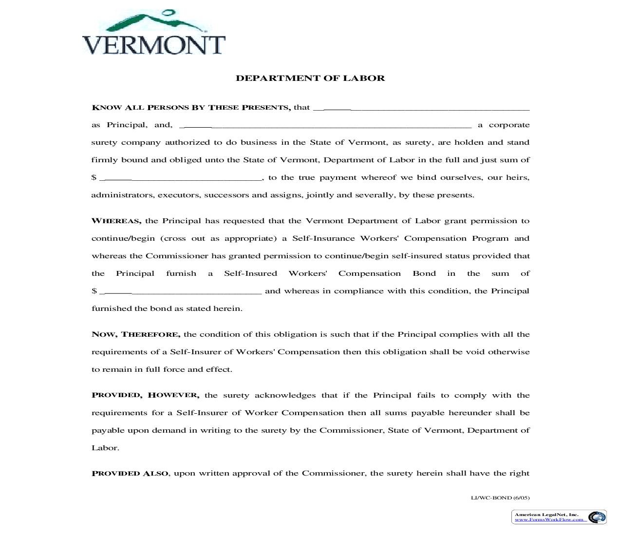 Bond Form For Self-Insured | Pdf Fpdf Doc Docx | Vermont