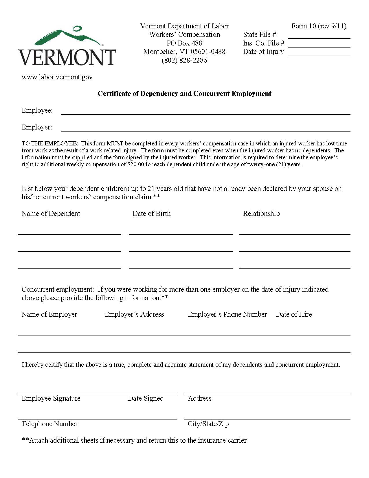 Certificate Of Dependency And Concurrent Employment {10} | Pdf Fpdf Doc Docx | Vermont