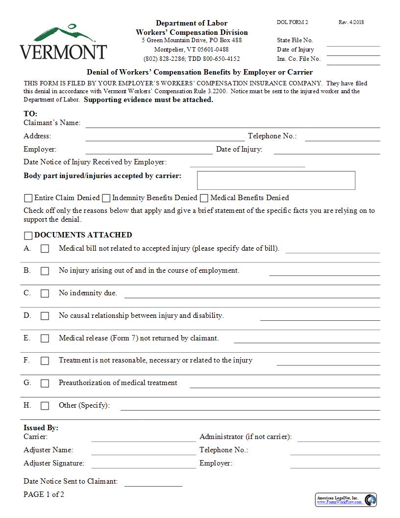 Denial Of Workers Compensation Benefits By Employer Or Carrier {2} | Pdf Fpdf Docx | Vermont
