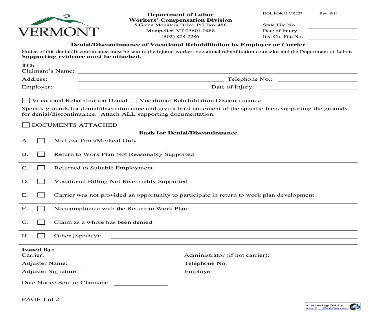 Denial-Discontinuance Of Vocational Rehabilitation By Employer Or Carrier {VR 227} | Pdf Fpdf Doc Docx | Vermont