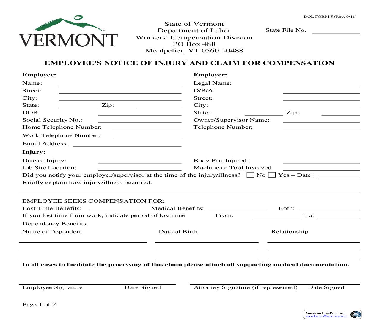 Employees Notice Of Injury And Claim For Compensation {5} | Pdf Fpdf Doc Docx | Vermont