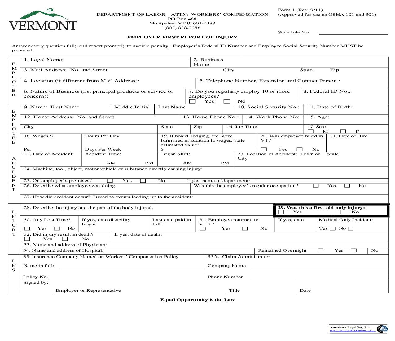 Employer First Report Of Injury {1} | Pdf Fpdf Doc Docx | Vermont