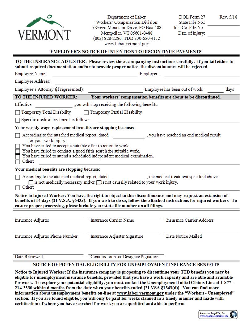 Employers Notice Of Intention To Discontinue Payments {27} | Pdf Fpdf Docx | Vermont