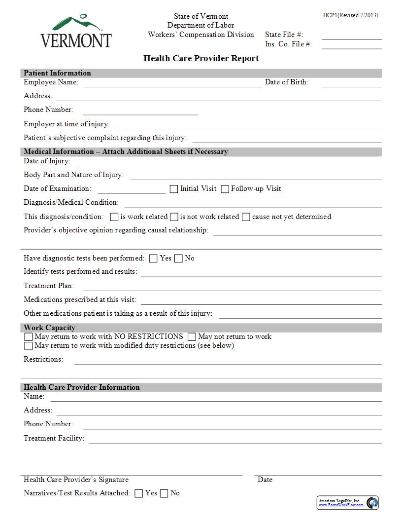 Healthcare Provider Report {HCP1} | Pdf Fpdf Docx | Vermont
