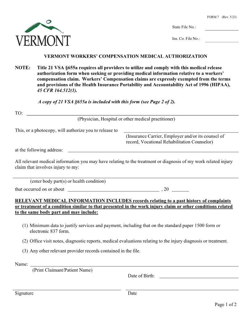 Medical Authorization {7} | Pdf Fpdf Doc Docx | Vermont