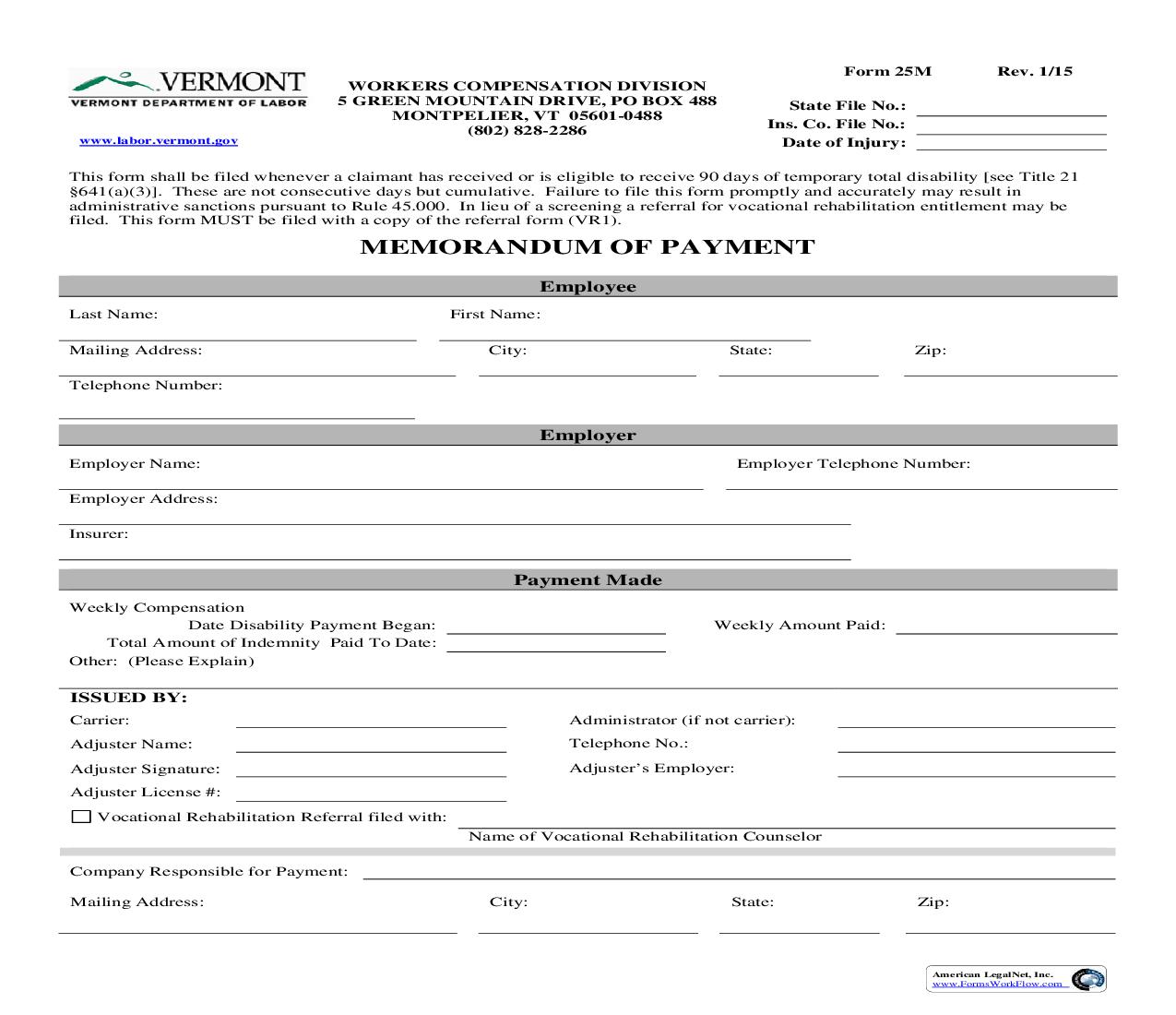 Memorandum Of Payment {25M} | Pdf Fpdf Doc Docx | Vermont