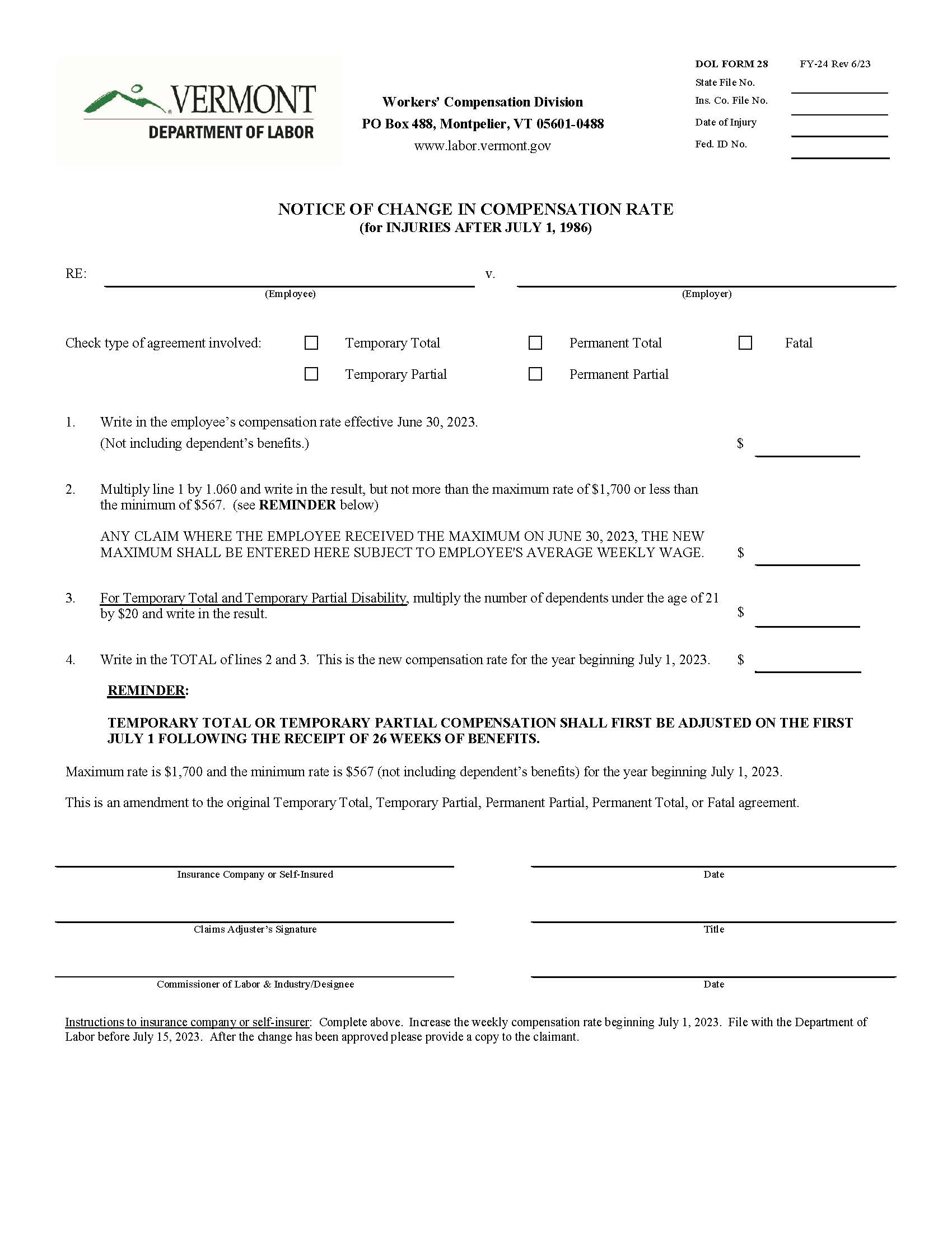 Notice Of Change In Compensation Rate (For Injuries After) {28} | Pdf Fpdf Docx | Vermont