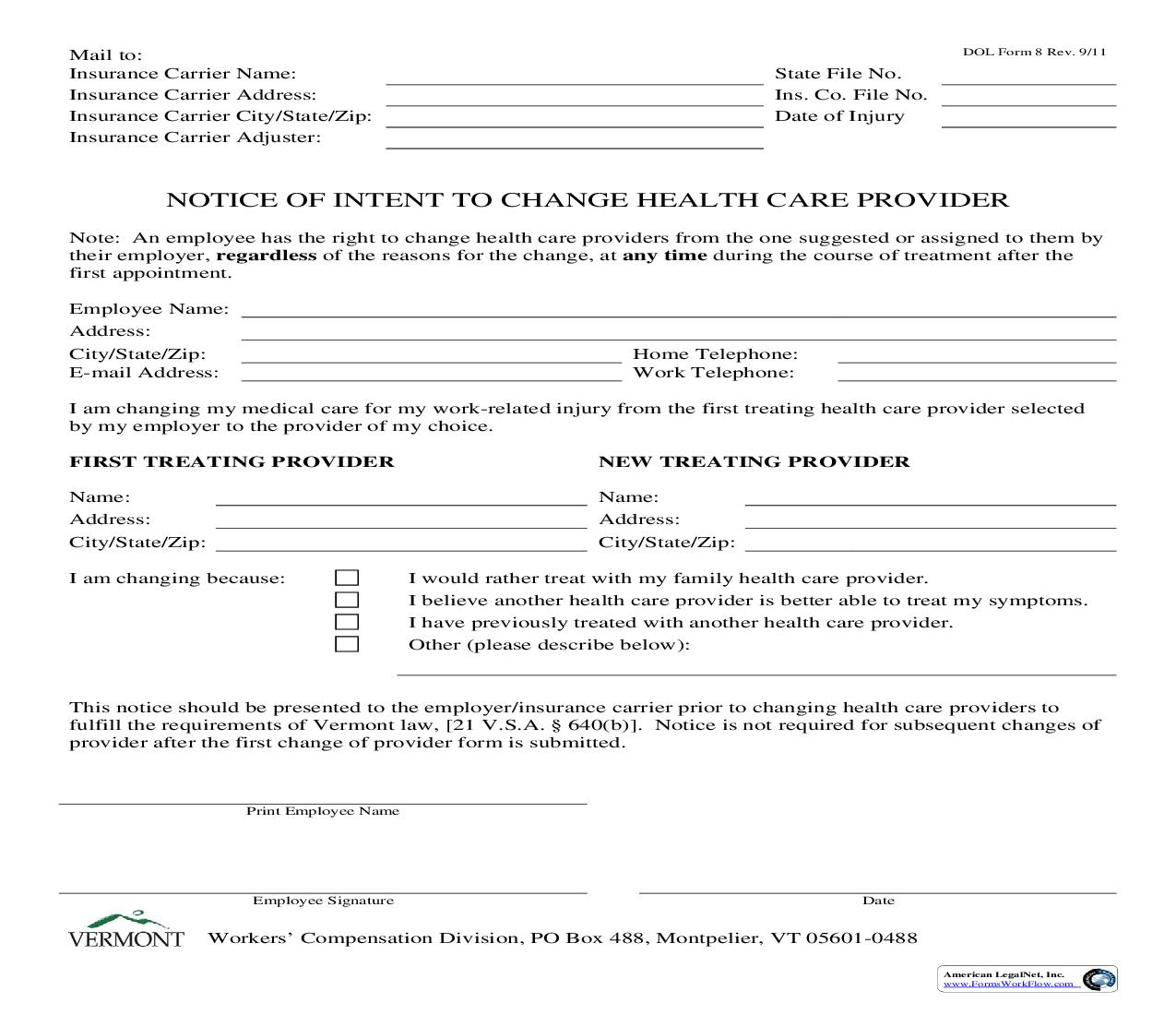 Notice Of Intent To Change Health Care Provider {8} | Pdf Fpdf Doc Docx | Vermont