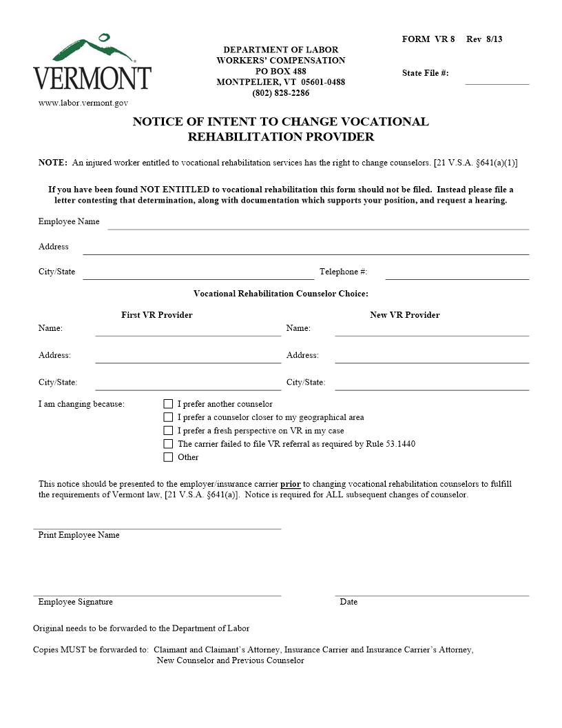 Notice of Intent to Change Voc Rehab Provider {VR 8} | Pdf Fpdf Docx | Vermont