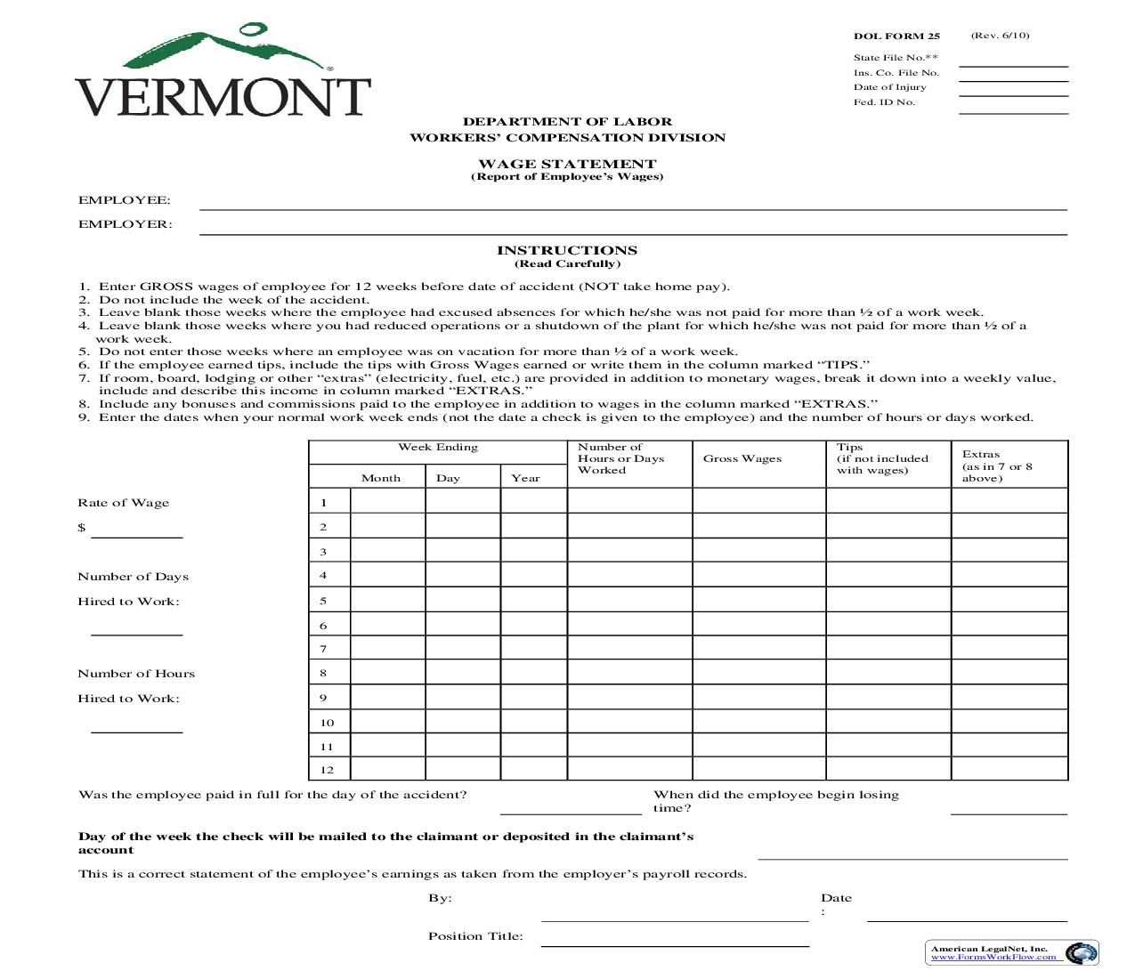 Wage Statement (For Injuries Before 07-01-2008) {25} | Pdf Fpdf Doc Docx | Vermont