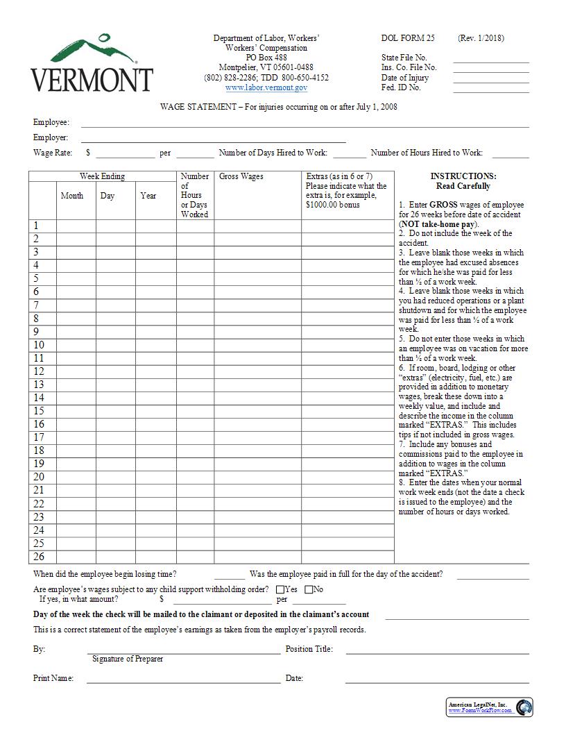 Wage Statement (For Injuries On Or After 07-01-2008) {25} | Pdf Fpdf Docx | Vermont