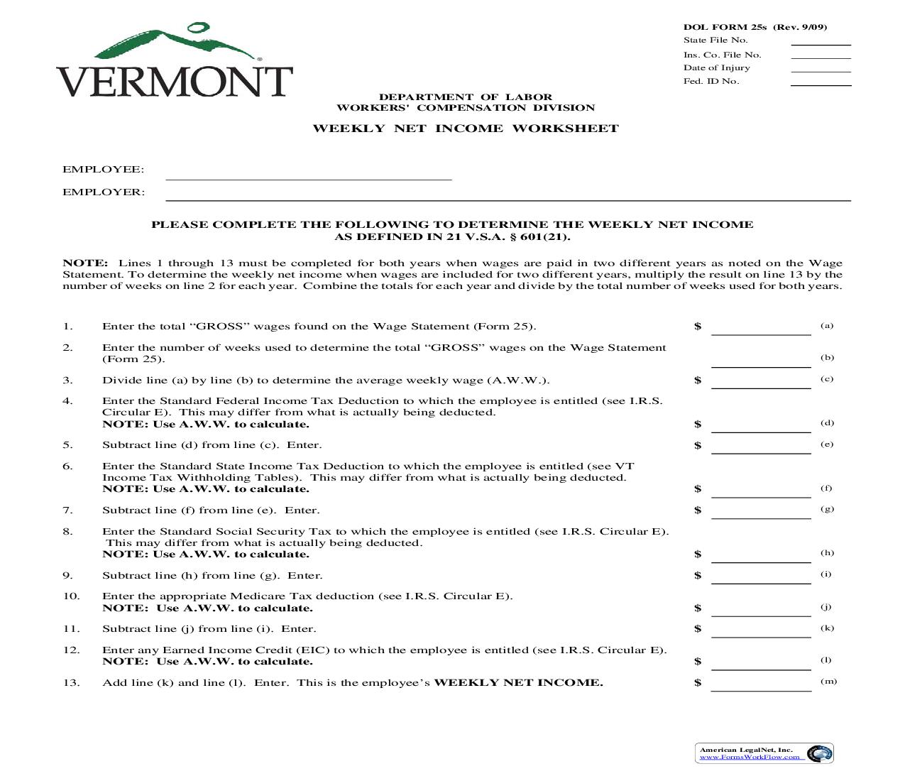 Weekly Net Income Worksheet {25s} | Pdf Fpdf Doc Docx | Vermont