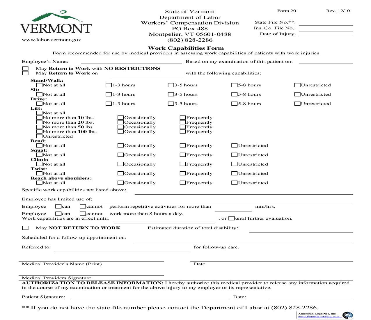 Work Capabilities Form {20} | Pdf Fpdf Doc Docx | Vermont