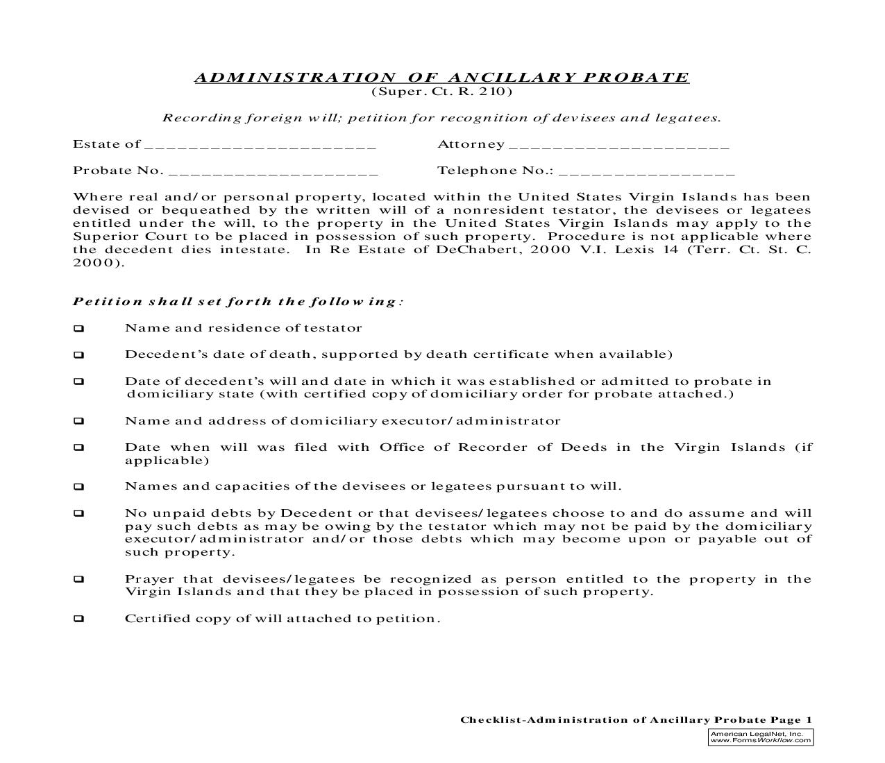 Administration Of Ancillary Probate | Pdf Fpdf Doc Docx | Virgin Islands