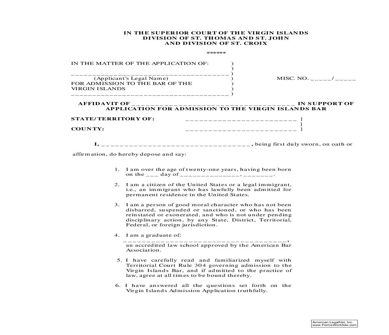 Affidavit In Support Of Admission To Virgin Islands Bar | Pdf Fpdf Doc Docx | Virgin Islands