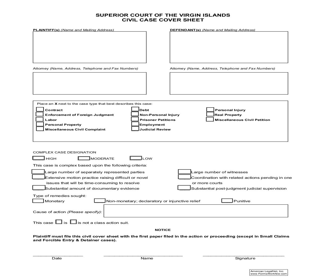 Civil Case Cover Sheet | Pdf Fpdf Doc Docx | Virgin Islands