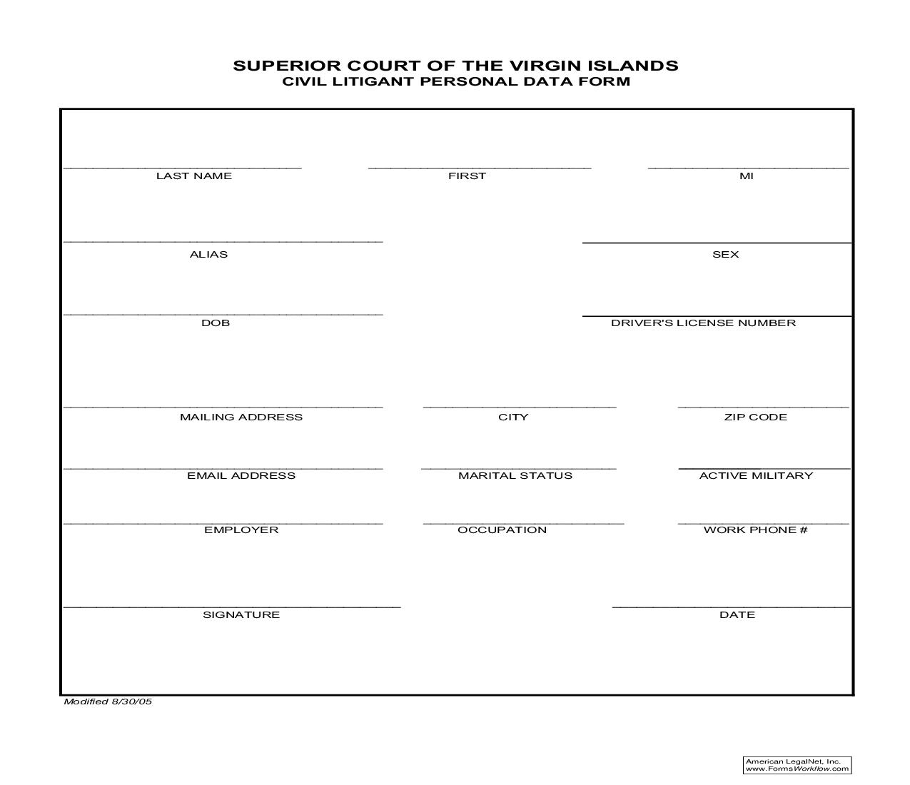 Civil Litigant Personal Data Form | Pdf Fpdf Doc Docx | Virgin Islands