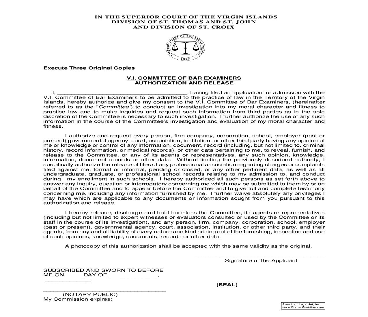 Committee Of Bar Examiners Authorization And Release | Pdf Fpdf Doc Docx | Virgin Islands
