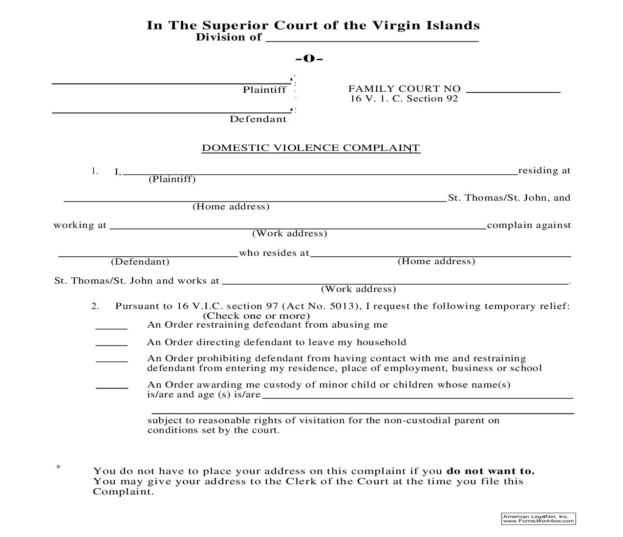 Domestic Violence Complaint | Pdf Fpdf Doc Docx | Virgin Islands