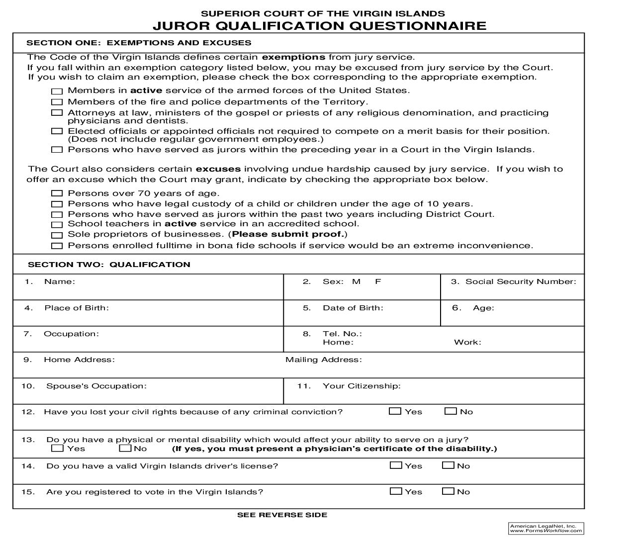 Juror Qualification Questionnaire | Pdf Fpdf Doc Docx | Virgin Islands