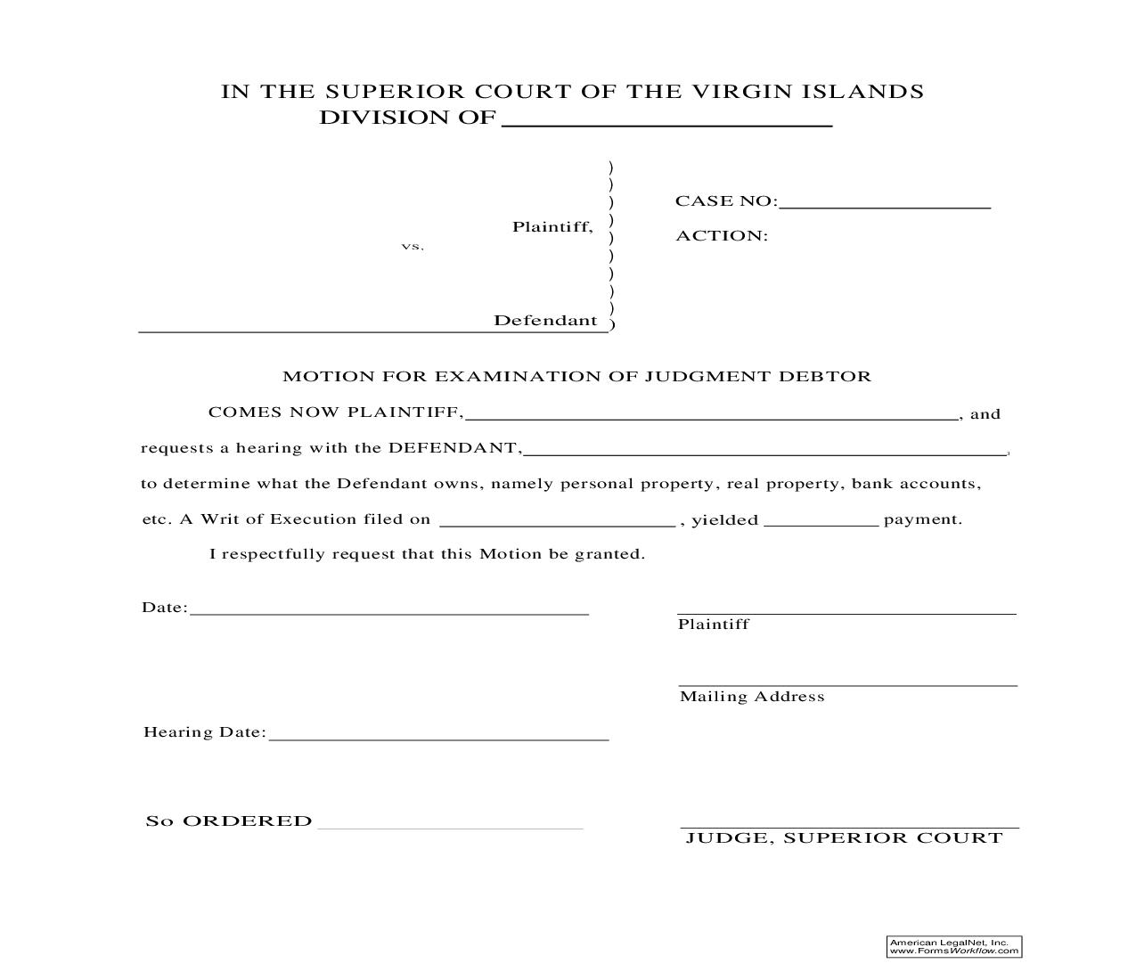 Motion For Examination Of Judgment Debtor | Pdf Fpdf Doc Docx | Virgin Islands