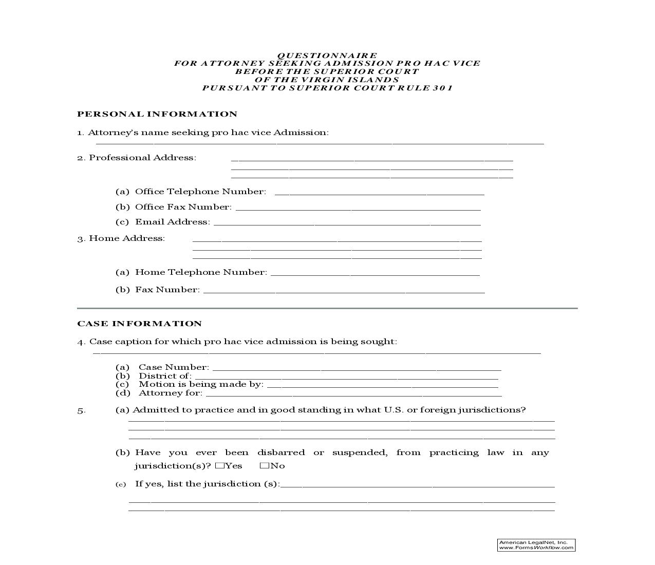 Questionnaire For Attorney Seeking Admission Pro Hac Vice | Pdf Fpdf Doc Docx | Virgin Islands