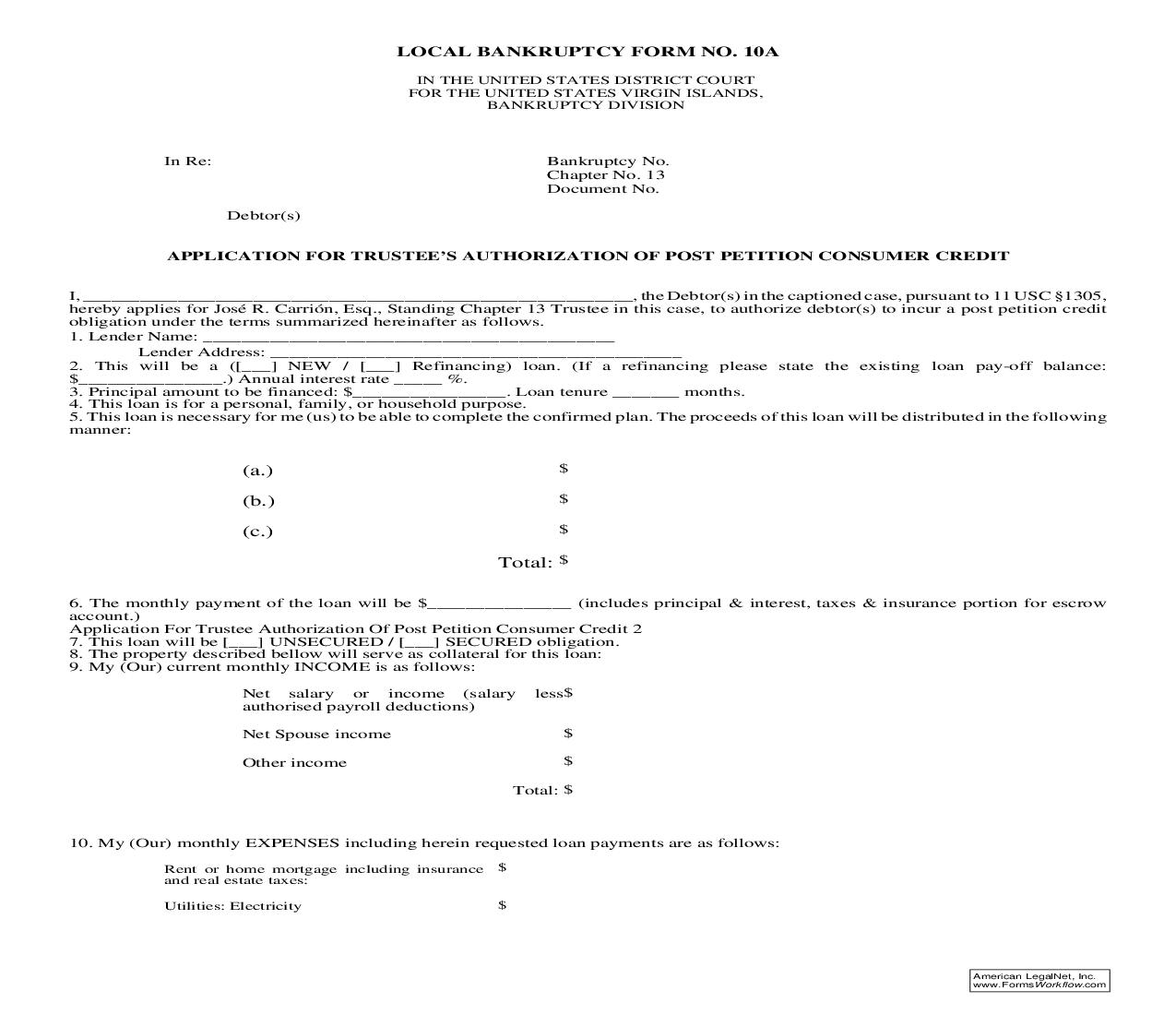 Application For Trustees Authorization OF Post Petition Consumer Credit {10A} | Pdf Fpdf Doc Docx | Virgin Islands