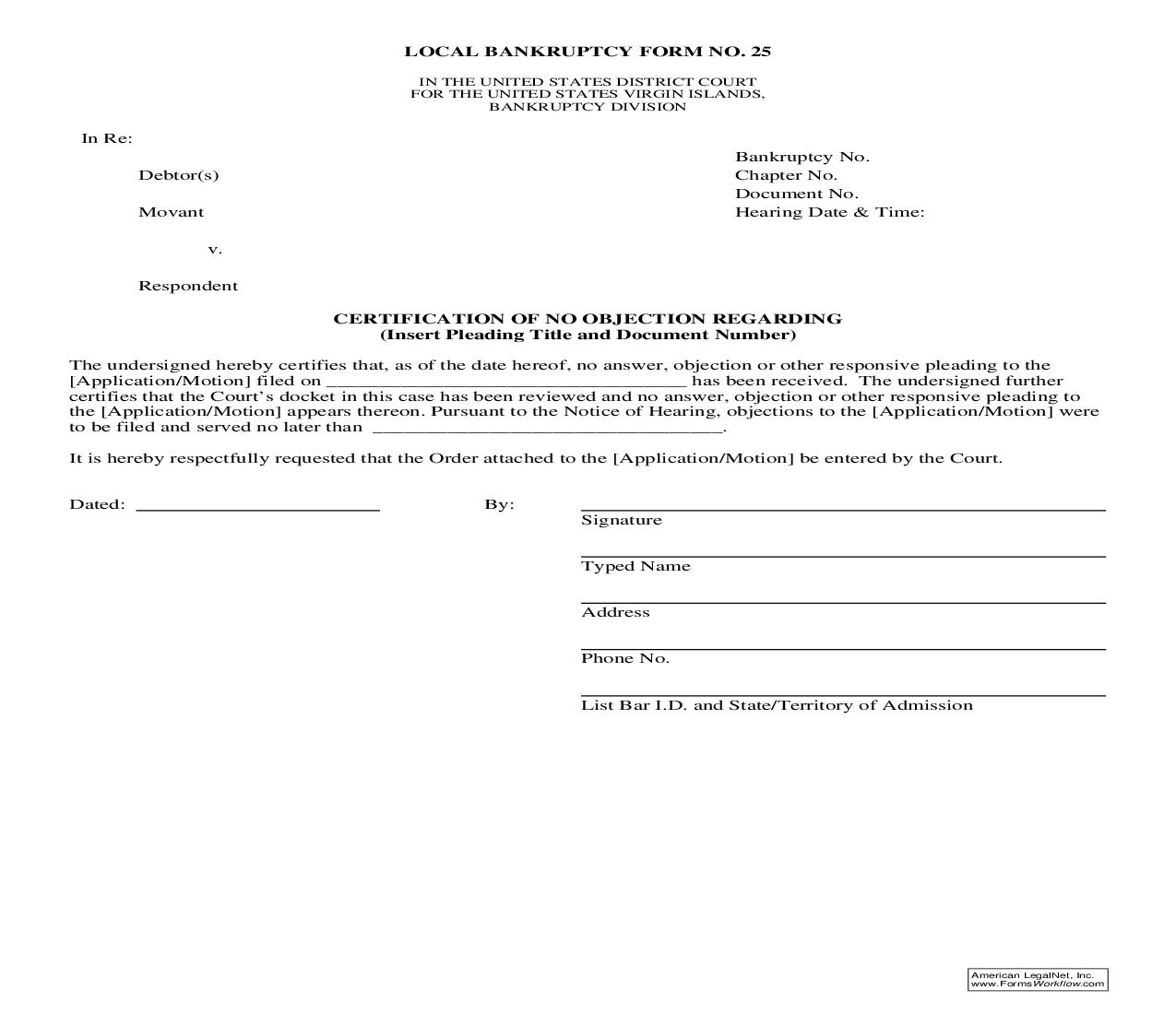 Certification Of No Objection {25} | Pdf Fpdf Doc Docx | Virgin Islands