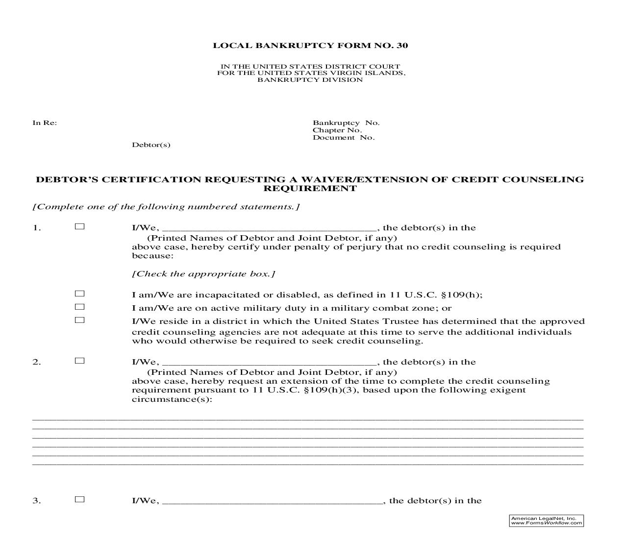 Debtors Certification Requesting A Waiver Or Extension Of Credit Counseling Requirement {30} | Pdf Fpdf Doc Docx | Virgin Islands