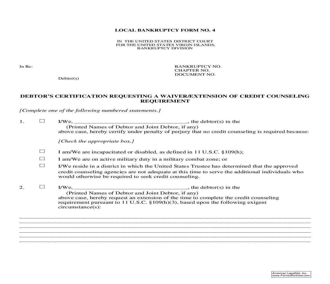 Debtors Certification Requesting A Waiver Or Extension Of Credit Counseling Requirement {4} | Pdf Fpdf Doc Docx | Virgin Islands