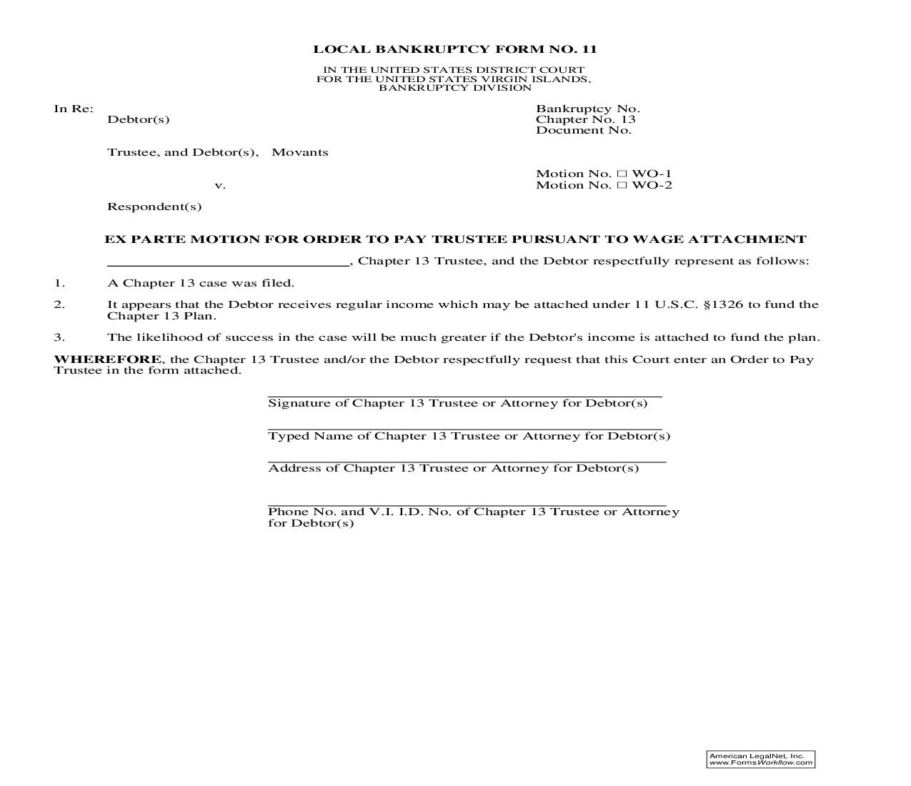 Ex Parte Motion For Order To Pay Trustee Pursuant To Wage Attachment {11} | Pdf Fpdf Doc Docx | Virgin Islands