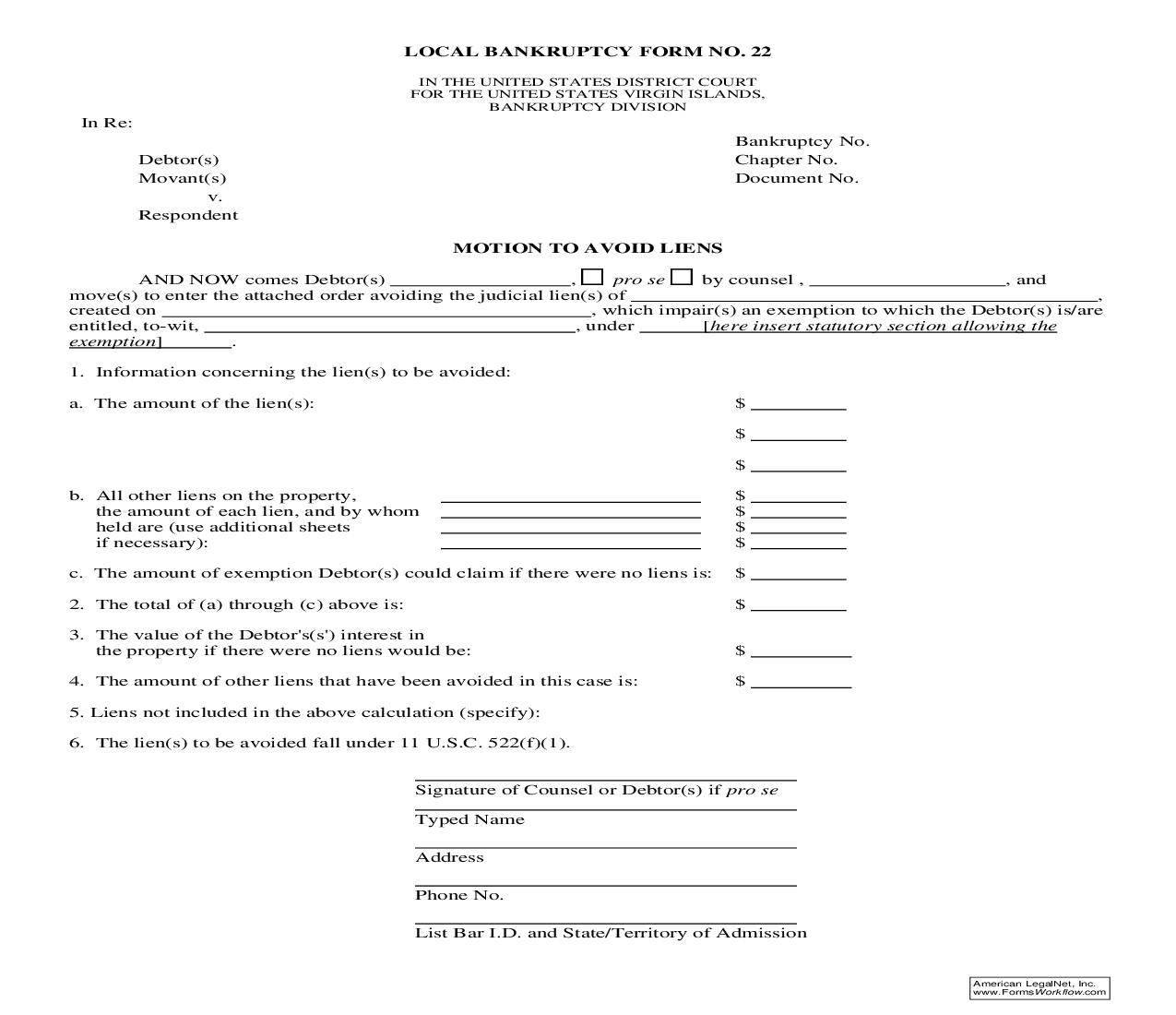 Motion To Avoid Liens {22} | Pdf Fpdf Doc Docx | Virgin Islands