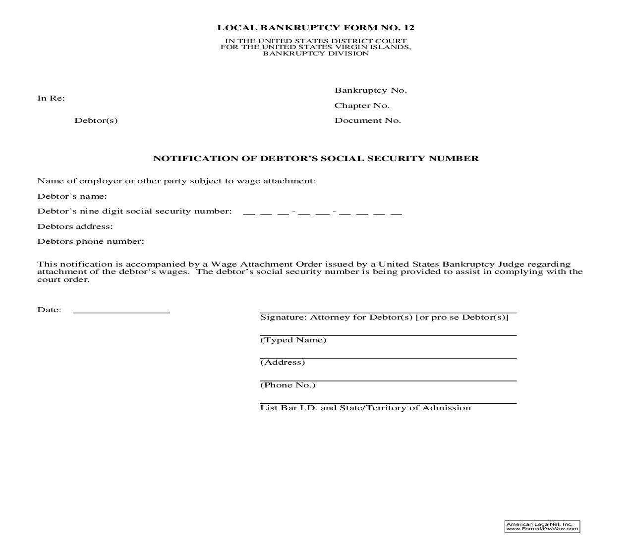 Notification Of Debtors Social Security Number {12} | Pdf Fpdf Doc Docx | Virgin Islands