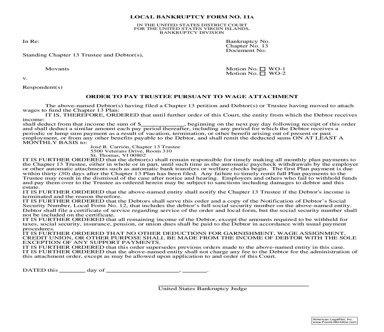 Order To Pay Trustee Pursuant To Wage Attachment {11A} | Pdf Fpdf Doc Docx | Virgin Islands