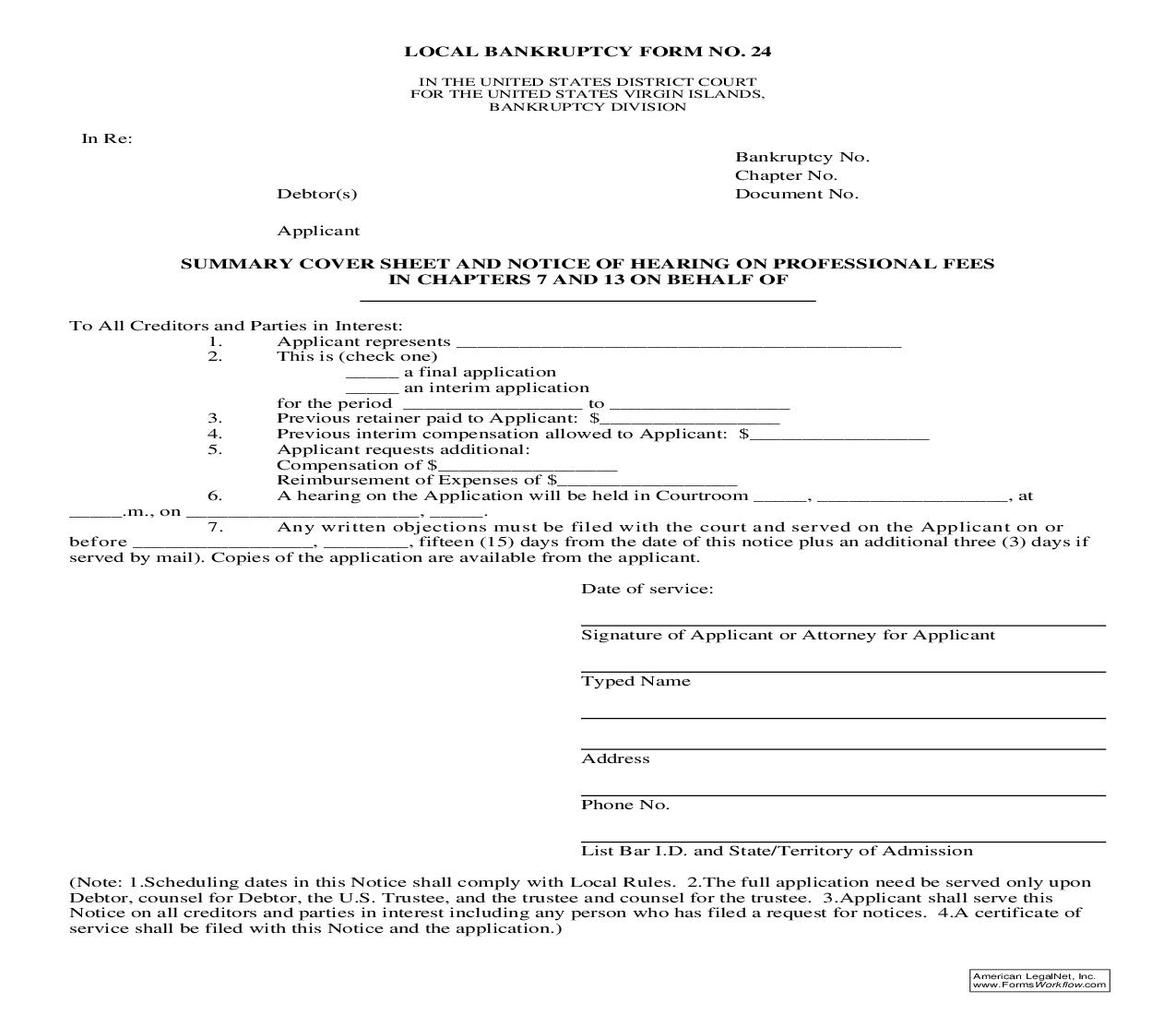 Summary Cover Sheet And Notice Of Hearing On Professional Fees In Chapters 7 And 13 {24} | Pdf Fpdf Doc Docx | Virgin Islands