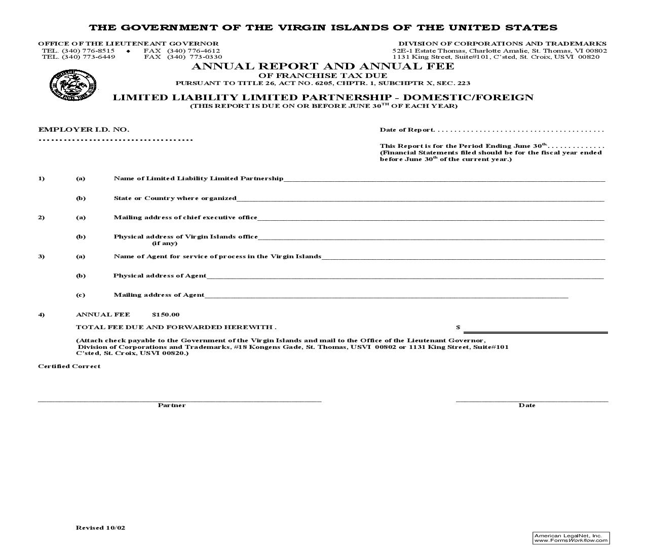 Annual Report And Annual Fee (Limited Liability Limited Partnership) | Pdf Fpdf Doc Docx | Virgin Islands