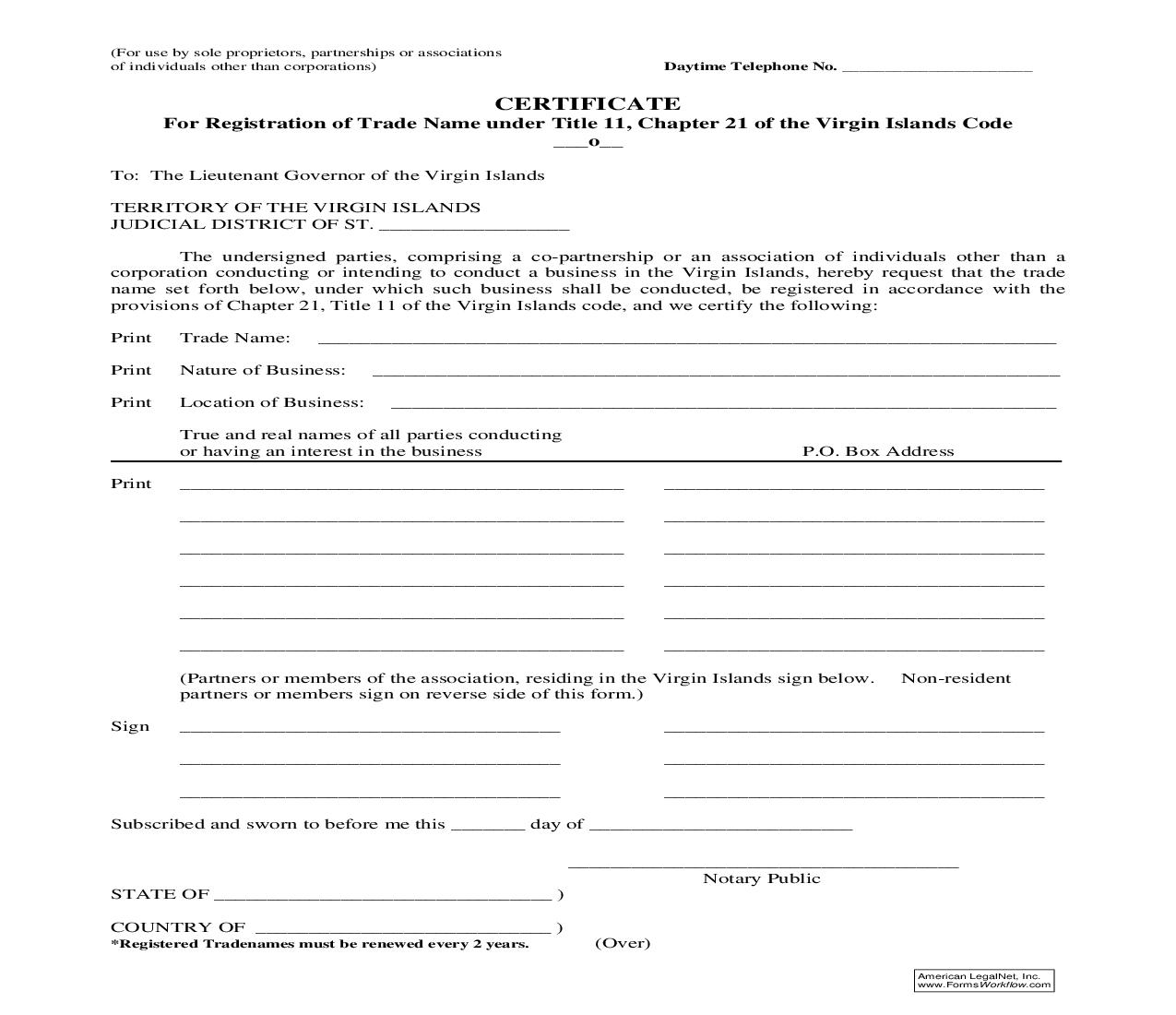 Certificate For Registration Of Trade Name | Pdf Fpdf Doc Docx | Virgin Islands