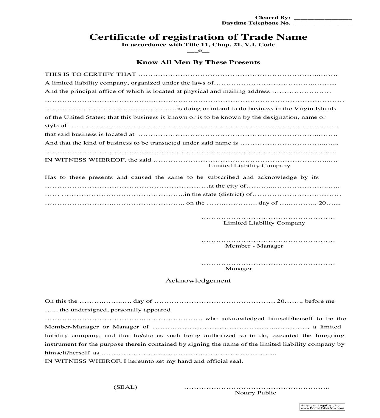 Certificate Of Registration Of Trade Name (Limited Liability Company) | Pdf Fpdf Doc Docx | Virgin Islands