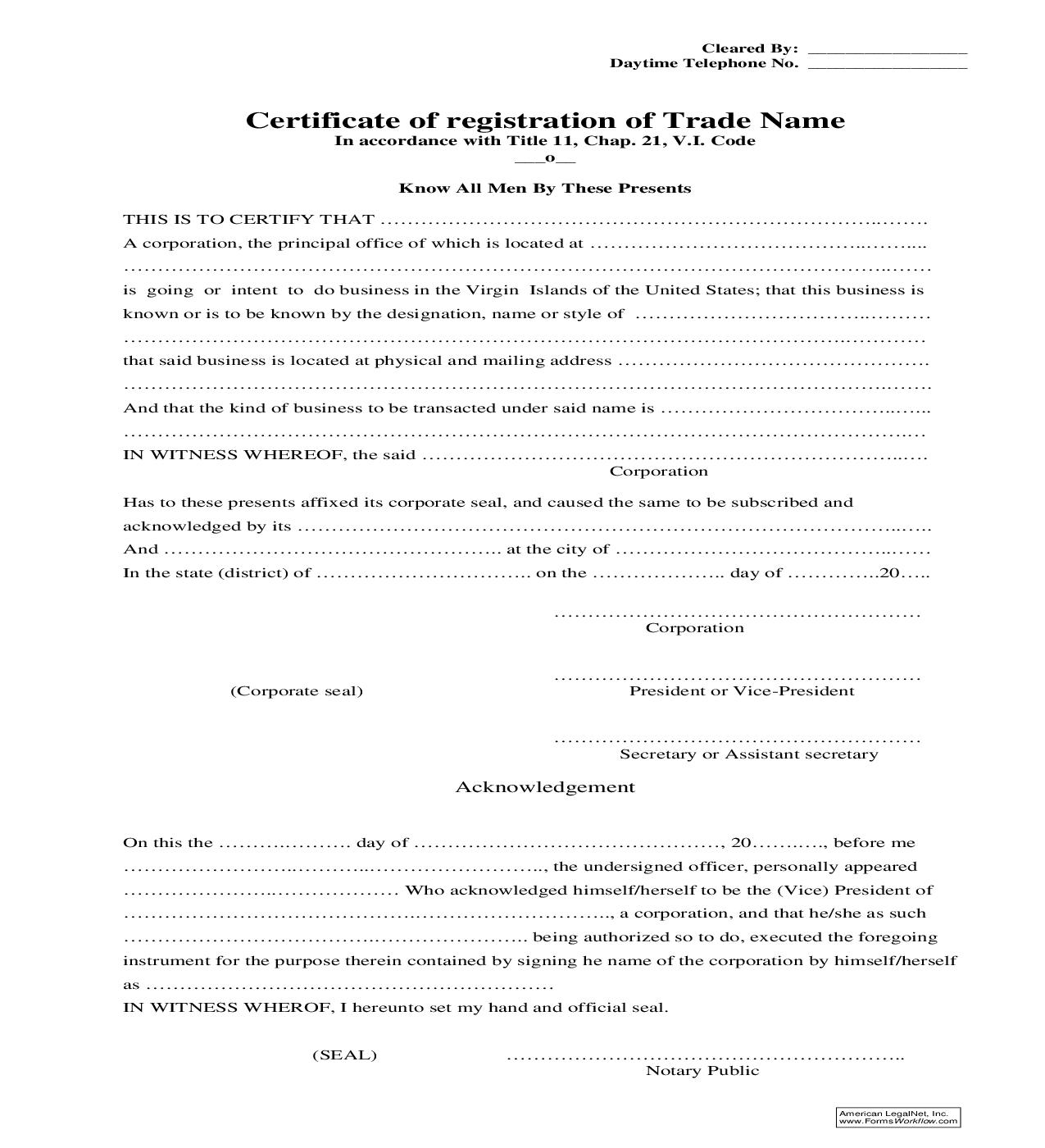Certificate Of Registration Of Trade Name | Pdf Fpdf Doc Docx | Virgin Islands