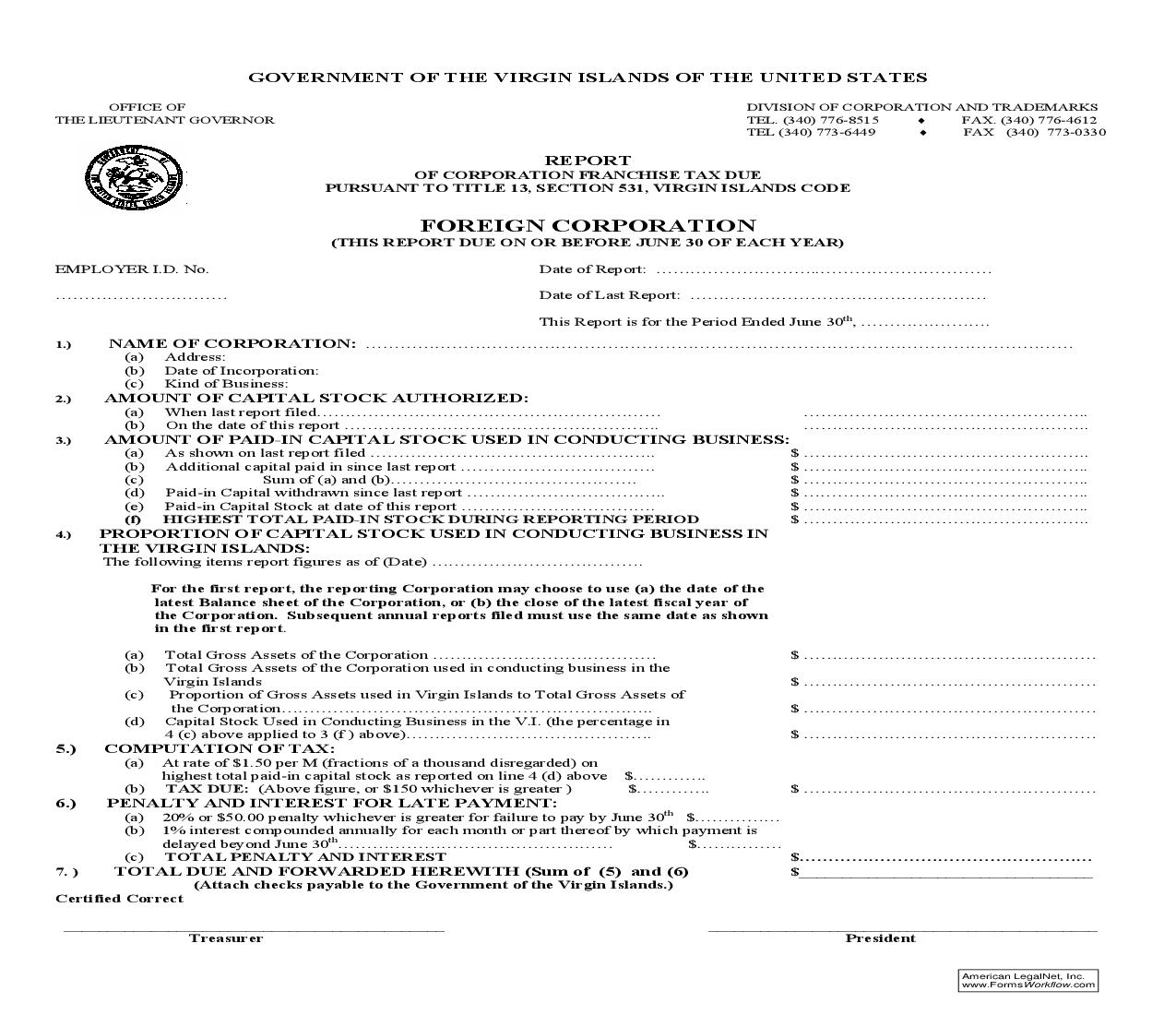 Corporation Franchise Tax Due (Foreign Corporation) | Pdf Fpdf Doc Docx | Virgin Islands