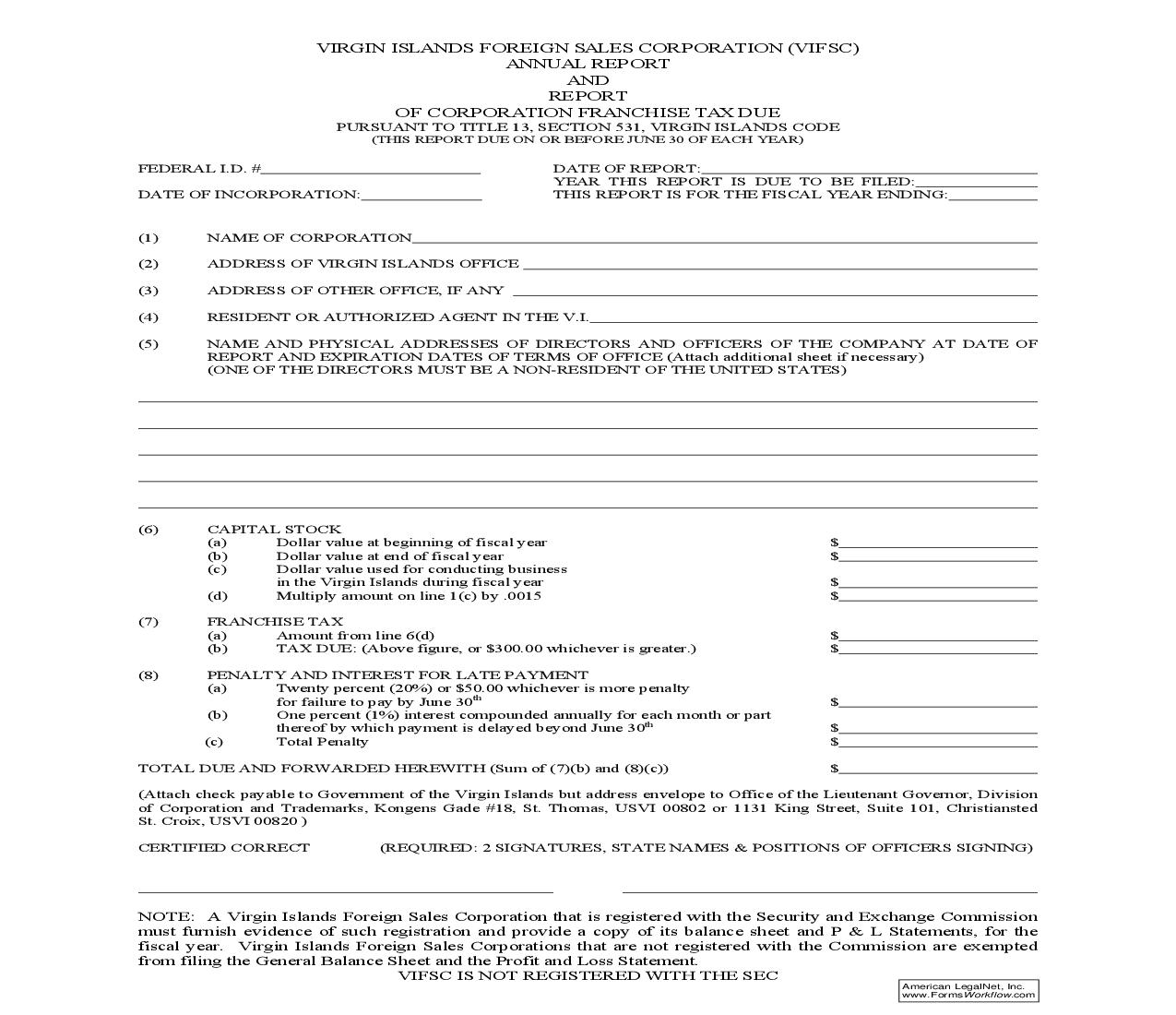 Virgin Islands Foreign Sales Corporation (VIFSC) Annual Report And Report Of Corporation Franchise Tax Due | Pdf Fpdf Doc Docx | Virgin Islands