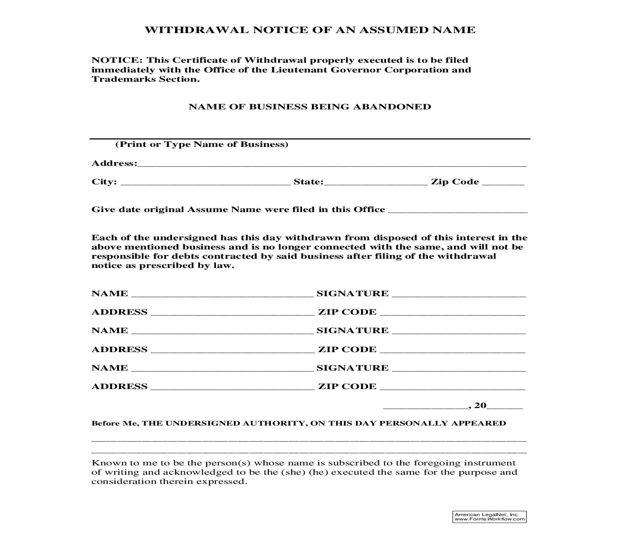 Withdrawal Notice Of An Assumed Name | Pdf Fpdf Doc Docx | Virgin Islands