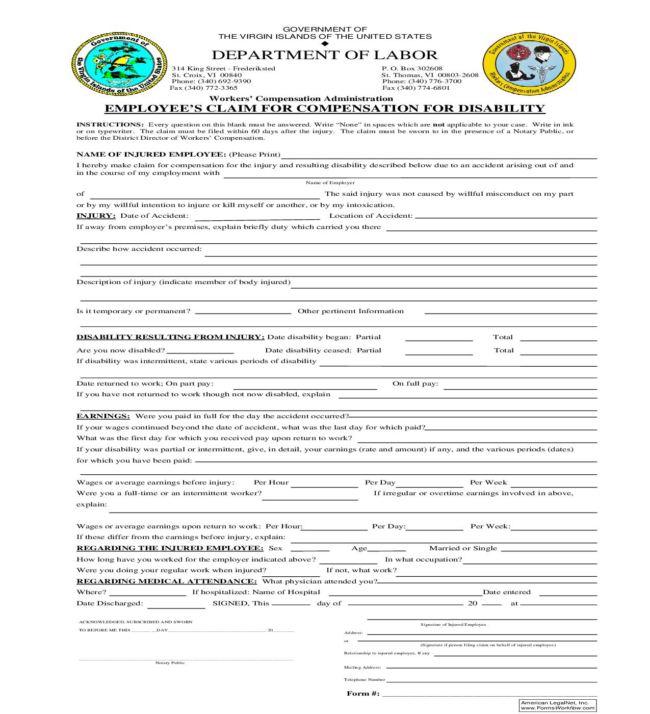 Employees Claim For Compensation For Disability | Pdf Fpdf Doc Docx | Virgin Islands