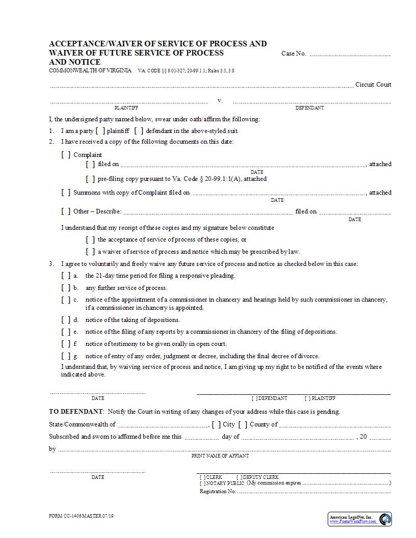 Acceptance Waiver Of Service Of Process {CC-1406} | Pdf Fpdf Docx | Virginia