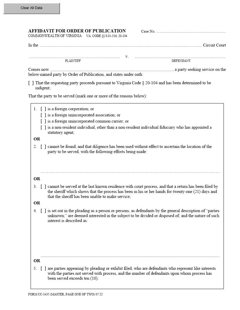 Affidavit For Order Of Publication {CC-1435} | Pdf Fpdf Doc Docx | Virginia