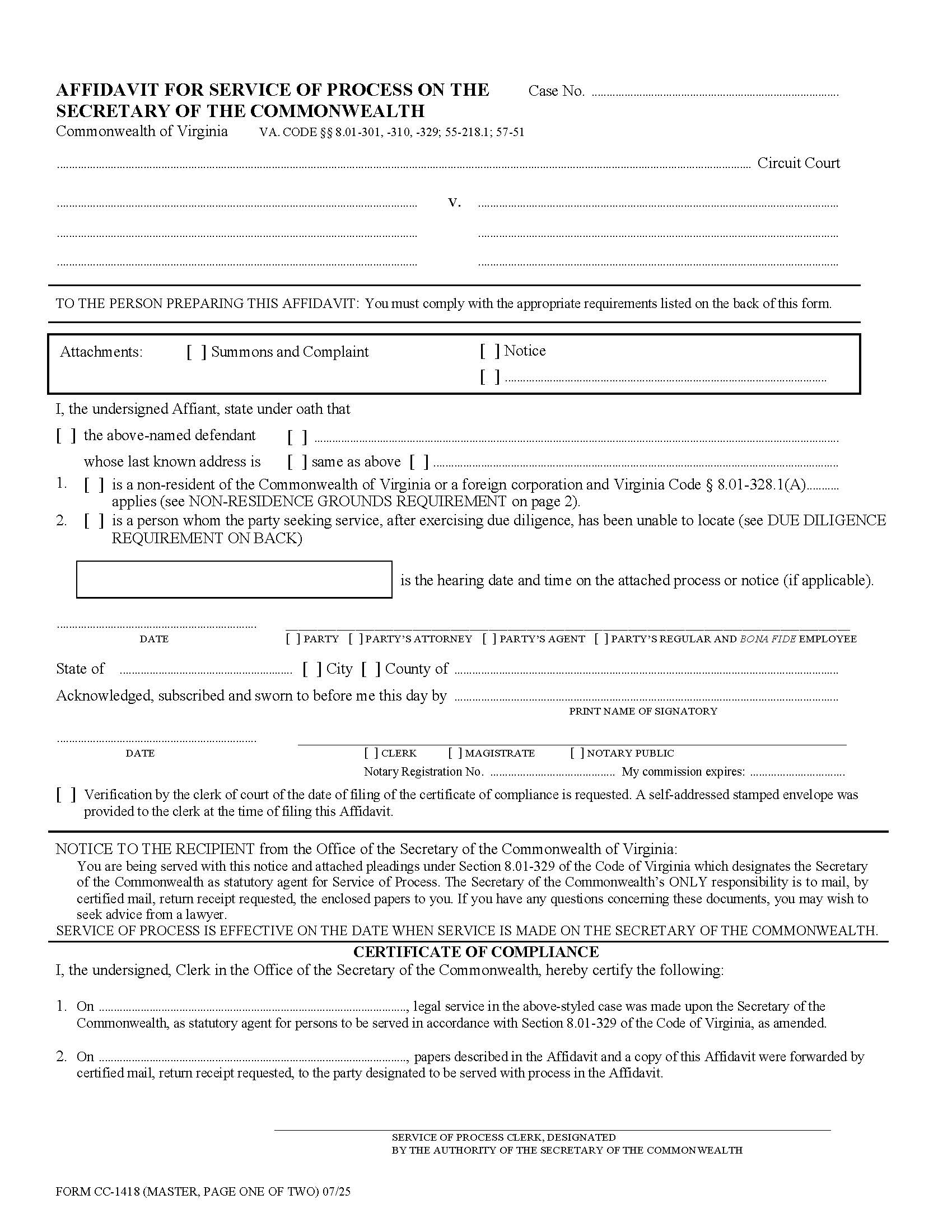Affidavit For Service Of Service Of Process On The Secretary Of The Commonwealth {CC-1418} | Pdf Fpdf Doc Docx | Virginia