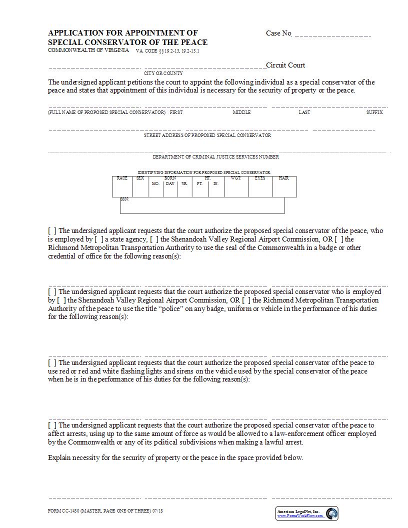 Application For Appointment Of Special Conservator Of The Peace {CC-1430} | Pdf Fpdf Docx | Virginia
