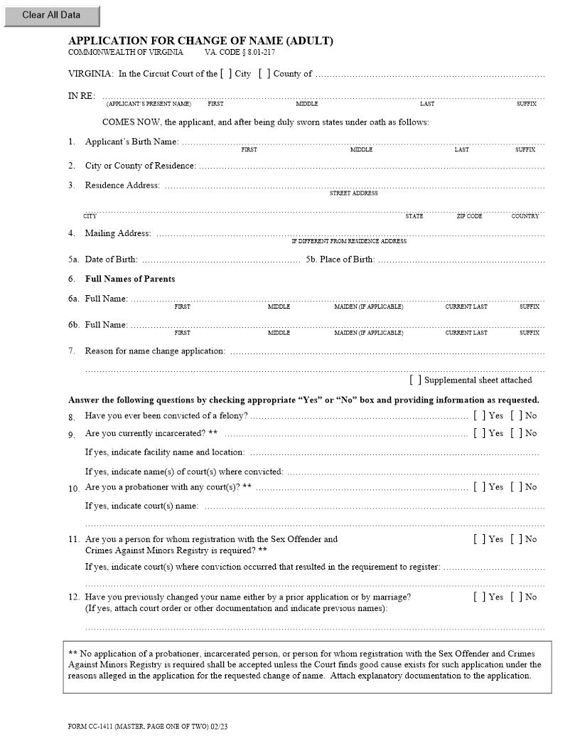 Application For Change Of Name (Adult) {CC-1411} | Pdf Fpdf Docx | Virginia