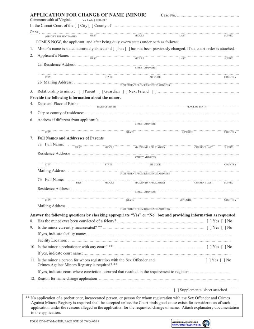 Application For Change Of Name (Minor) {CC-1427} | Pdf Fpdf Docx | Virginia